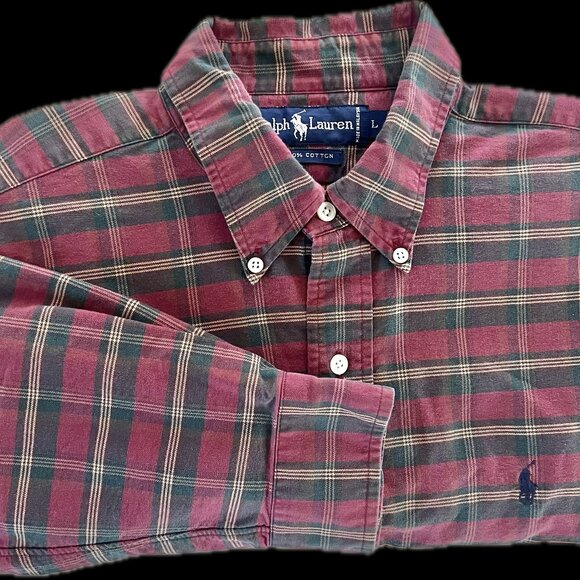POLO Ralph Lauren Men's Burgundy/Hunter Green Plaid Button Down Oxford Shirt: L - Picture 1 of 5